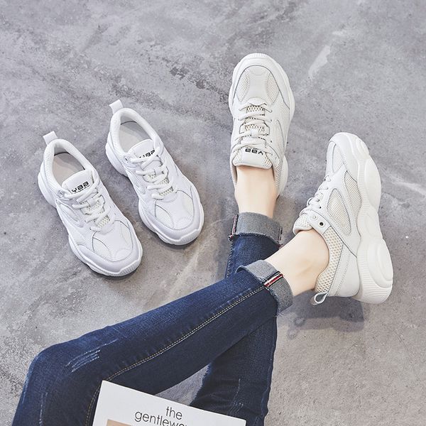 

dad shoes women's extra high 2019 spring new style online celebrity shoe korean-style versatile thick bottomed casual white shoe, Black