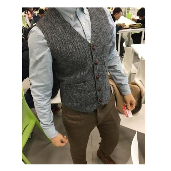 

farm gray men vests 2019 wool herringbone tweed vests slim fit groom vest wedding waistcoat foamal business vest for men, Black