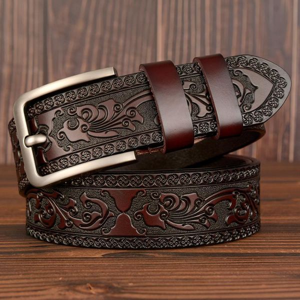 

new cow leather belts men vintage pin buckle male waistband genuine leather men belt flower pressed strap waist belt for jeans, Black;brown