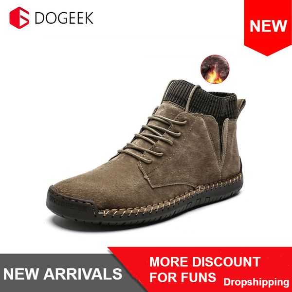 

dogeek men snow boots winter plush warm men motorcycle boots lace-up non-slip male ankle waterproof autumn man formal shoe, Black