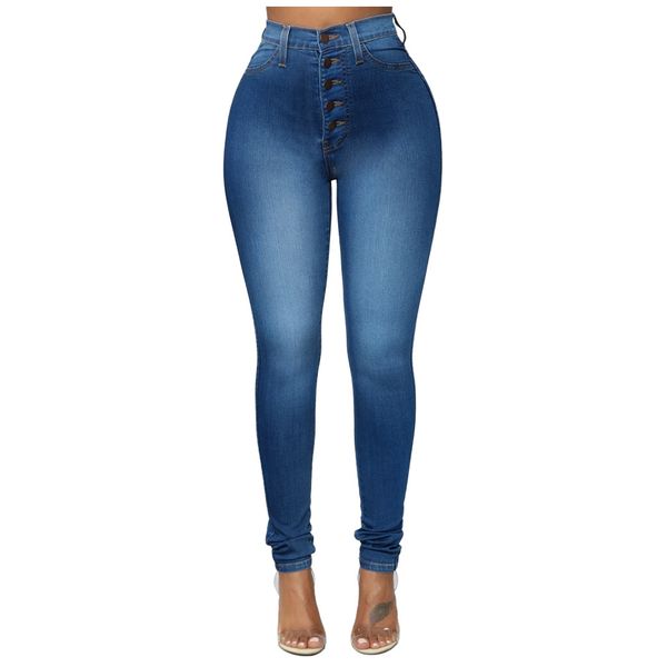 

fashion ladys high waist jeans stretch slim jeans single-breasted pants large size for women skinny vaqueros mujer, Blue