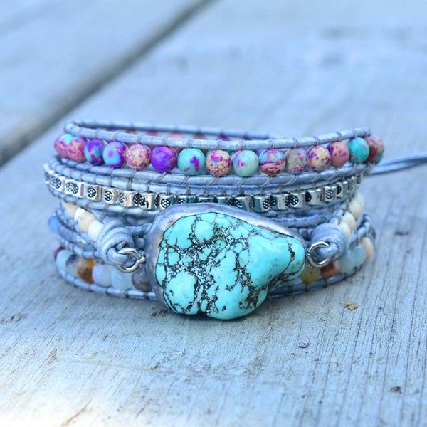 

unique mixed natural stones turquoises charm 5 strands wrap bracelets handmade boho bracelet women leather bracelet, Golden;silver