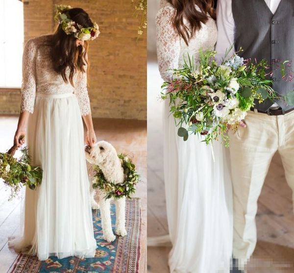 Mangas compridas bohomian marfim vestidos uma linha até o chão chiffon boho praia casamento vestido de noiva robe de mari e