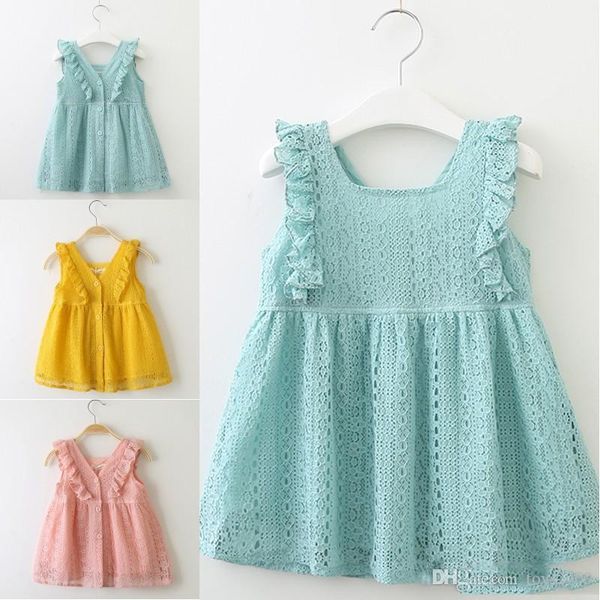 

baby girls summer spring dress lace princess dress lotus leaf edge button dress kids boutiques clothing, Red;yellow