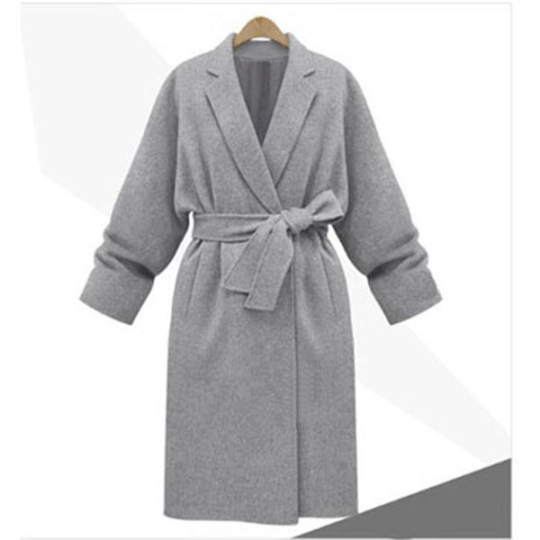 

savabien elegant long sleeve vintage lapel belted woolen coat v neck fashion runway wool jacket trench coat korean overcoat, Black