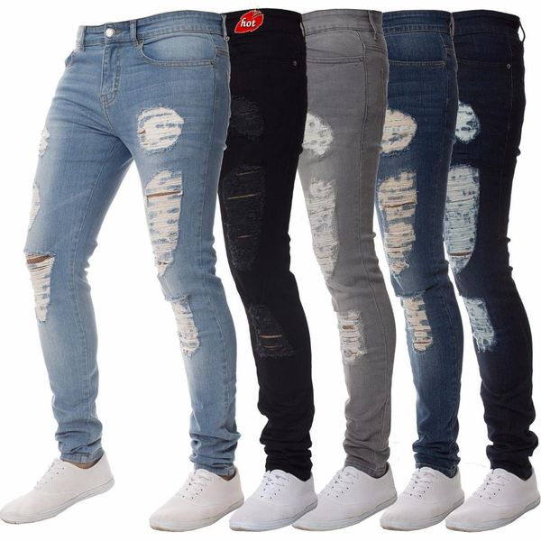 

pure color knee holes ripped jeans men 2018 brand designer slim fit washed jeans street mens distressed denim hip hop o8r2, Blue