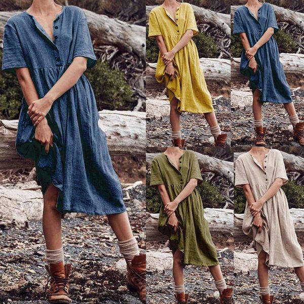 

2020 summer womens designer dress solid color short sleeve linen blend dresses big dress female clothing, Black;gray
