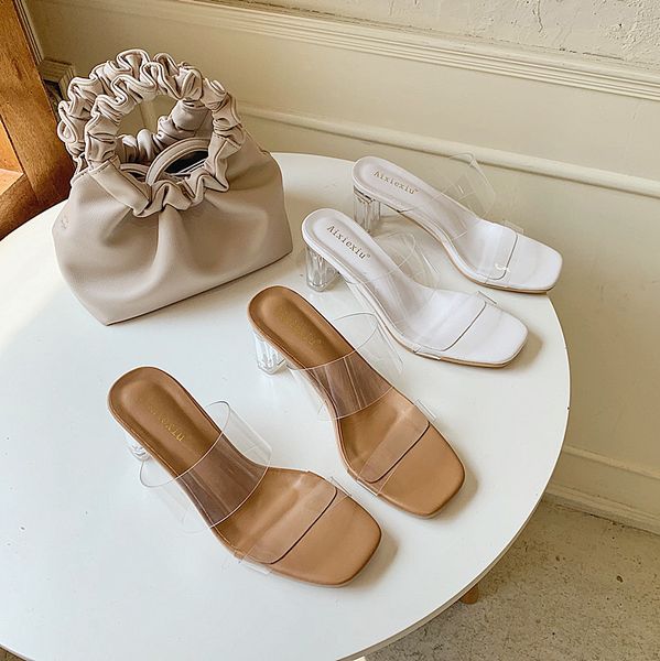 

female shoes ladies' slippers women heels summer woman jelly slides fashion square heel 2020 high beach transparent, Black