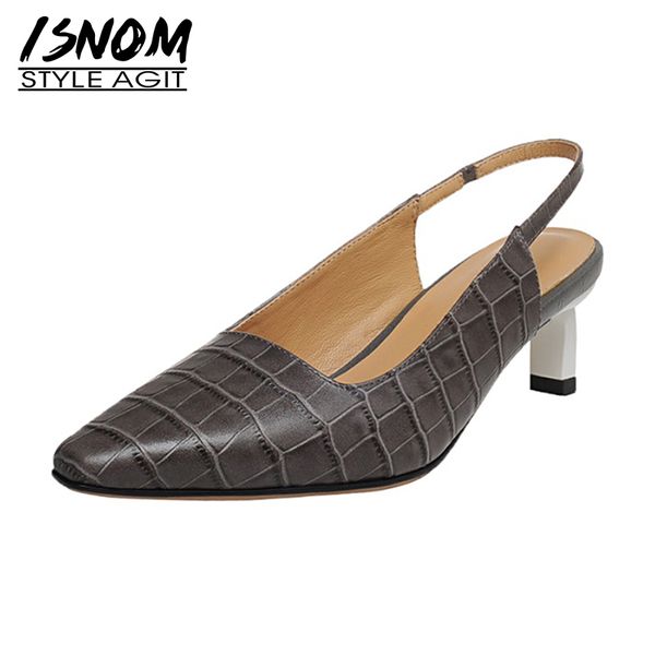 

isnom genuine leather sandals women slingback thin heels shoes woman elegant med heel sandals dress shoes ladies, Black