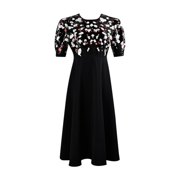 

spring and summer dresses 2019 sequins beaded black temperament short-sleeved puff sleeve high waist dress women clothes size s-xl, Black;gray