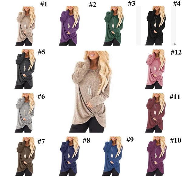 

sleeve twist tee o irregular autumn women neck long t shirts loose side ljjo7192 shirts knotted jwofv, Black