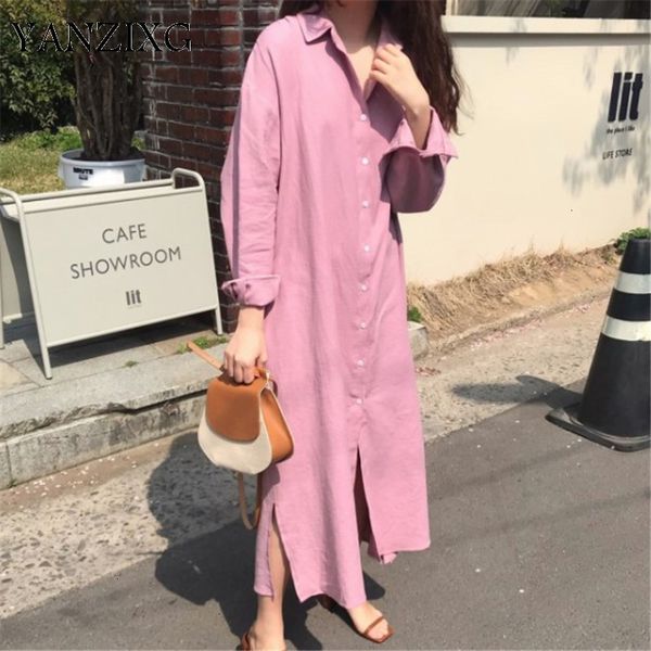 

casual dresses easy shirt dress urban leisure single breasted long fund loose form lazy style cotton and linen l290, Black;gray
