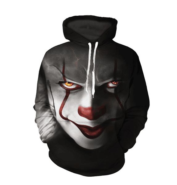 

19fw new mens luxury personality hoodie hip hop mens custom hoodie 3d digital clown print dark style casual couple sweater, Black