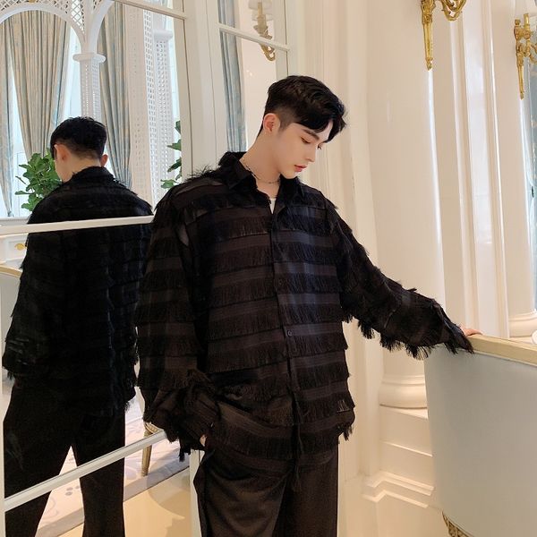 

men tassels fashion long sleeve loose casual black white shirt male women streetwear hip hop party dress shirts lovers shirts, White;black