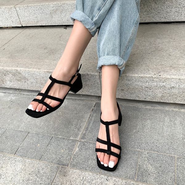 

narrow band women sandals elegant thick high heel sandals vintage open toe gladiator ladies women shoes, Black