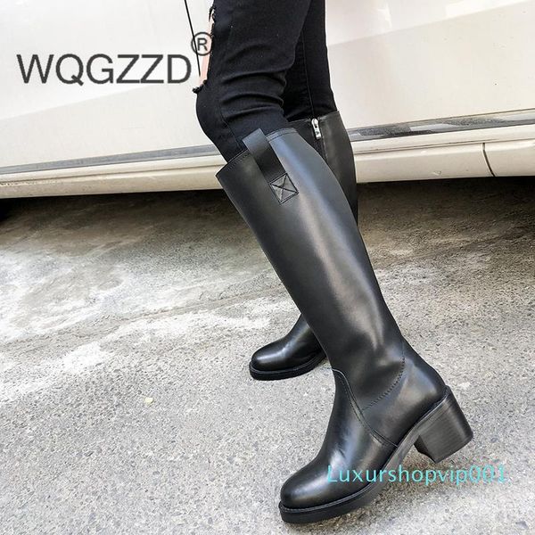 

genuine leather boots women knee high boots stylish winter shoes woman high heels women's knight, Black