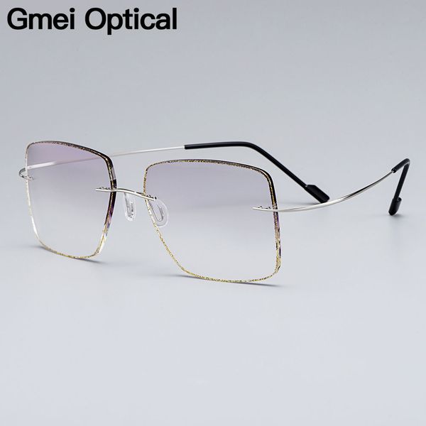 

gmei оптический серебряный титановый сплав мужские очки без оправы рамка с градиентом серый оттенок plano линзы и золотой границы t80891, Black