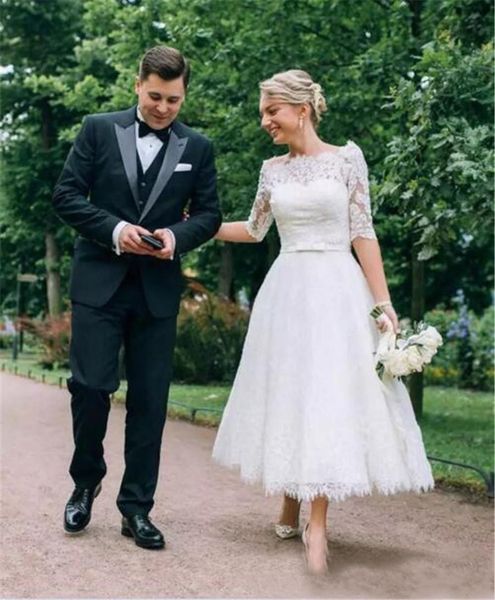 Discount 2020 Boat Neck Tea Length Wedding Dresses Lace A Line