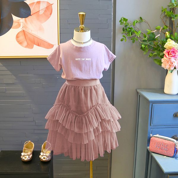 

2 pcs girls summer clothes cotton solid t shirt + mesh skirt girls sets clothing casual kids clothing for toddler dress, White