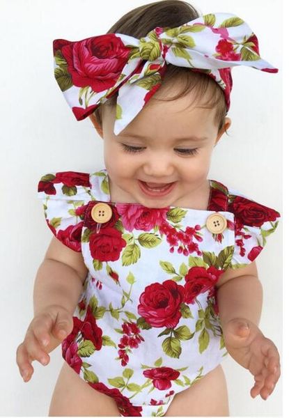 

2019 floral newborn baby girl clothes ruffles sleeve bodysuit +headband 2pcs outfit bebek giyim sunsuit 0-24m, White