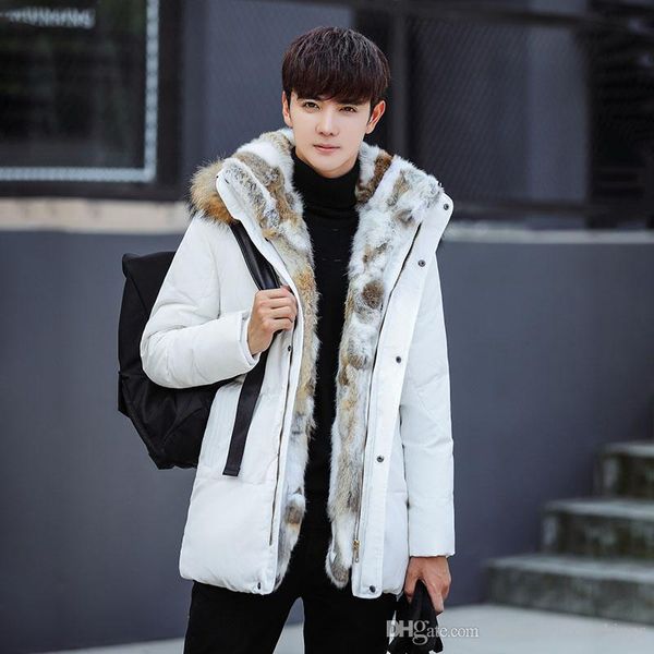 

men winter parka rich luxurious raccoon fur coat real rabbit fur lining men women lovers fashion mens jaqueta masculina outwear thick parkas, Black