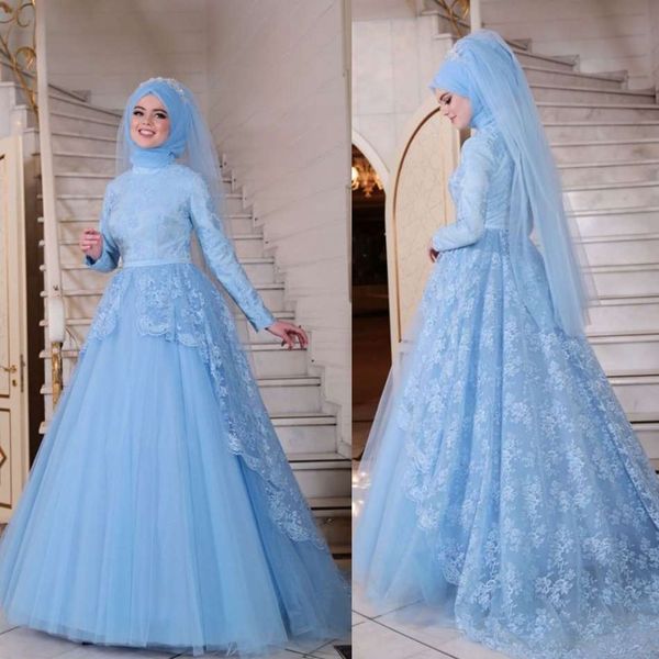 2019 Neueste muslimische Abendkleider, lange Ärmel, volle Spitze, Applikationen, formeller Hijab, islamischer Dubai-Kaftan, Saudi-Arabien, langes Abendkleid in A-Linie