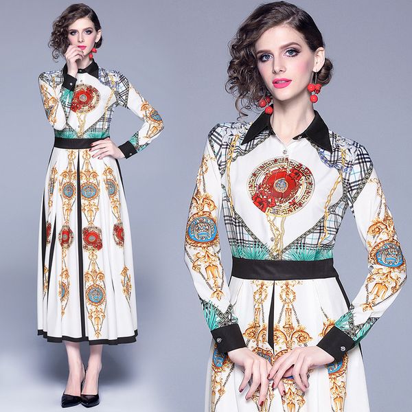 

2020 elegant classic plaid dress plus size women long sleeve lapel neck printed ladies designer dresses slim fashion office shirts dress, Black;gray