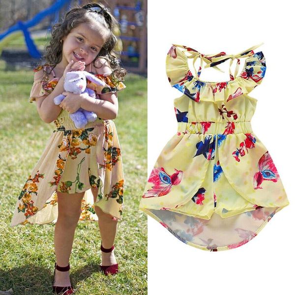 

1-5y summer infant кью дети ребёнков romper платье с плеча оборками цветочные печати комбинезоны одежда, Red;yellow