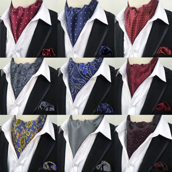 

wholesale lot 50 pieces men ascot tie set man cravat ties handkerchief set floral paisley dots pocket square wedding party, Blue;purple