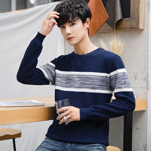 

2019 new autumn and winter sweater men's slim round neck sweater korean version of the tide student color matching, White;black