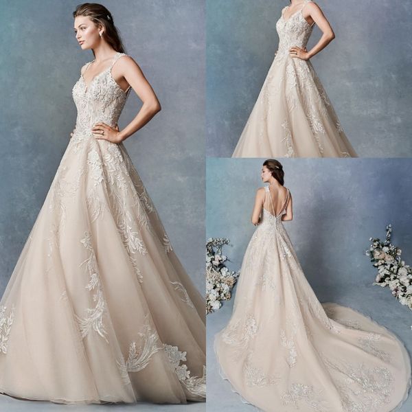 

a line wedding dresses spaghetti sleeveless applique tulle lace crystal backless wedding gown sweep train robe de mariÃ©e, White