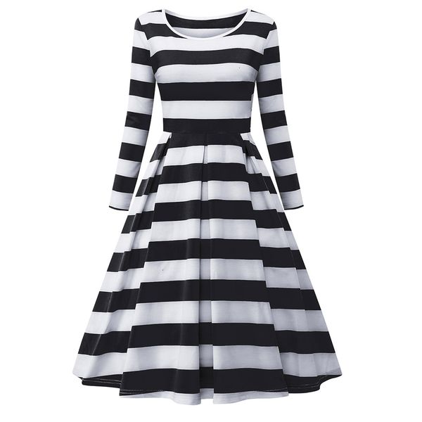 

sweater 2019 large pendulum skirt leisure time fold long sleeves color collision stripe dress, Red;white