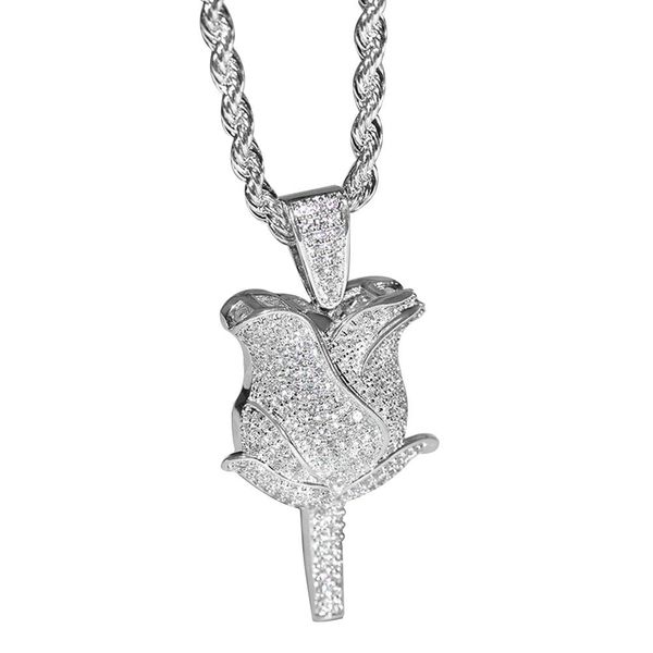 

women cubic zirconia inlaid rose flower pendant necklace party jewelry gift, Silver