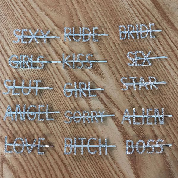 

cross-border jewelry letter hairpin alloy crystal boss cool korean version of the word clip wholesale custom sale, Golden;silver