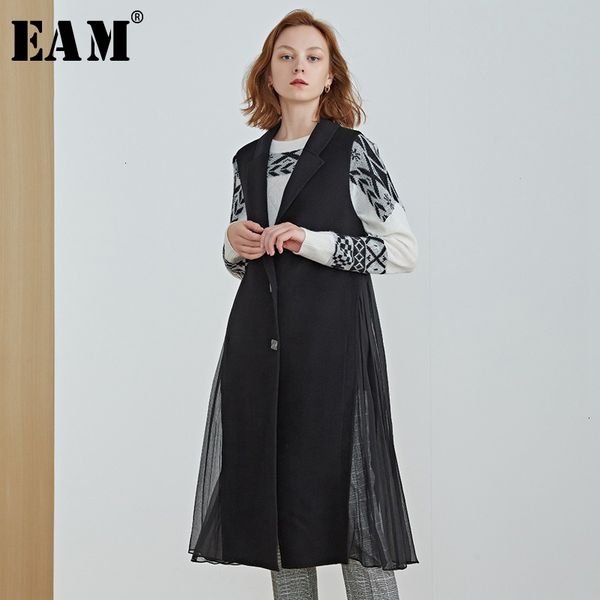 

eam] women black mesh pleated split joint woolen loose fit vest new lapel sleeveless fashion tide spring autumn 2019 1k187, Black;white