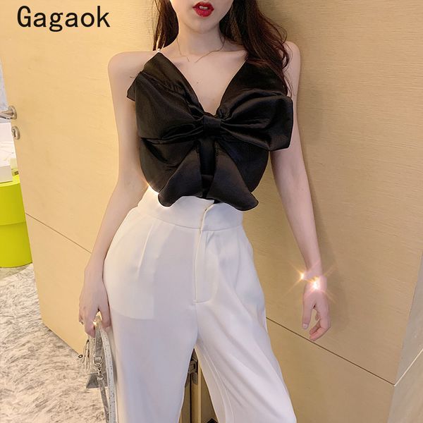 

gagaok women high street camis 2020 summer new solid bow short v-neck camisole simple wild fashion ladies korean crop, White