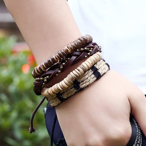 

4 pcs creative retractable leather bracelet wooden beads beaded bracelet diy cuff wristband friendship bangle set, Black