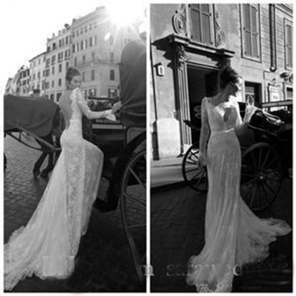 

Sexy Mermaid V-neck Long Sleeves Lace Wedding Dresses With Appliques 2019 Backless Bridal Gowns Wedding Party Dresses