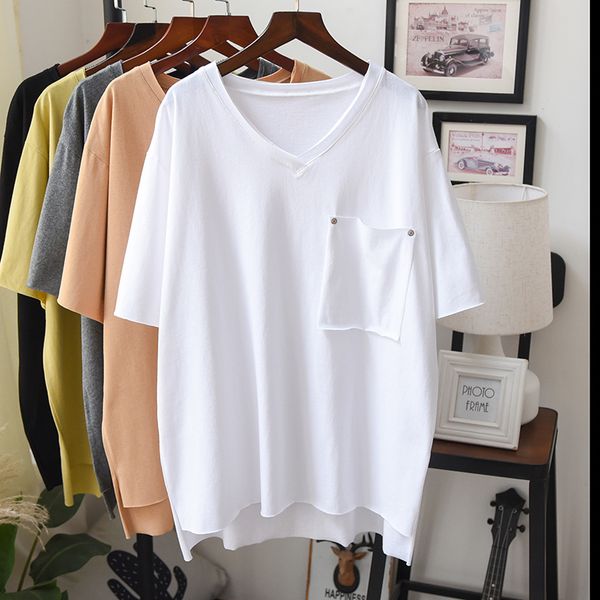 

2020 spring summer solid 100% cotton pullover t shirt women short sleeve v neck maxi oversized casual tee good quality, White