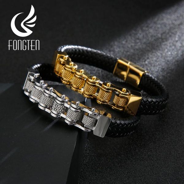 

fongten biker bead cowhide leather bracelet woven leather silver gold black metal charms men's cuff bracelets fashion jewelry
