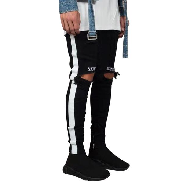 

feitong men's denim embroidery cotton straight hole pocket trouser distressed jeans pant streetwear pantalon homme costume#3, Black