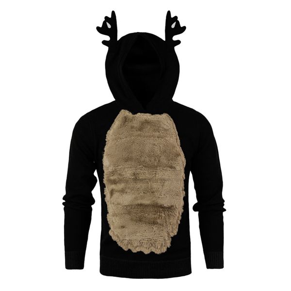 

men casual sweatshirt winter round neck long sleeve thicken pullovers male antler hooded jumper xmas gift outwear, Black