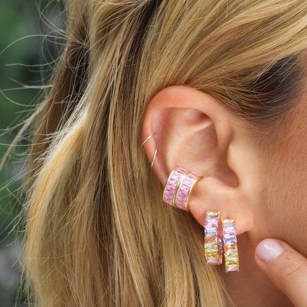 

mini hoop earring paved rainbow cz earring for lady fashion jewelry colorful square cubic zirconia pink pinky pastel earrings, Golden;silver