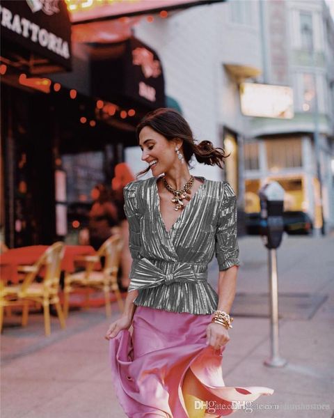 

весна женщина полосатой блуза сексуальной женщина v шеи рубашки обшитых панелей модельер женщины блуза с бантом, White