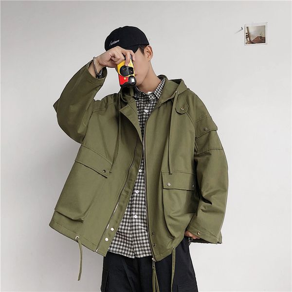 

2019 autumn and winter men's new casual solid color letter pattern printing hooded zipper jacket loose temperament trend cotton, Black;brown