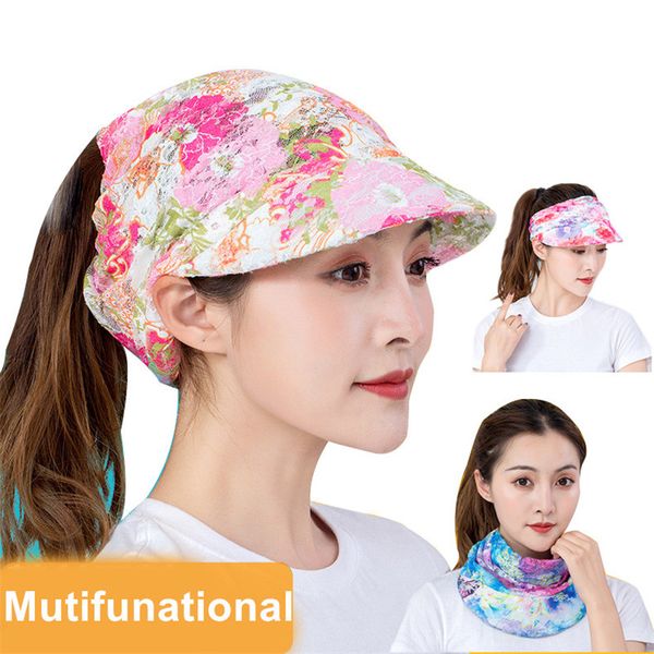 

women fashion lace flower sun hat 3 multifunational visor hat foldable scarf summer casual outdoor sun protection sunshade caps, Blue;gray