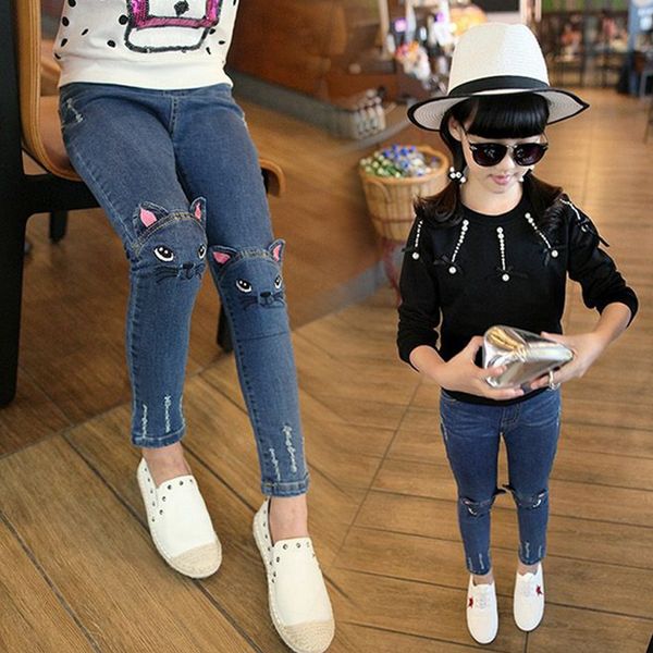 

2018 new fashion cute 3d cat ankle-length pants autumn winter girl's brushed jeans pencil pants skinny jeans, Blue