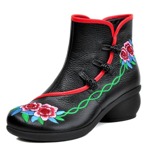

new autumn/winter 2019 ethnic style cowherd women's shoes with leather embroidered flowers retro women's shoes, Red;white
