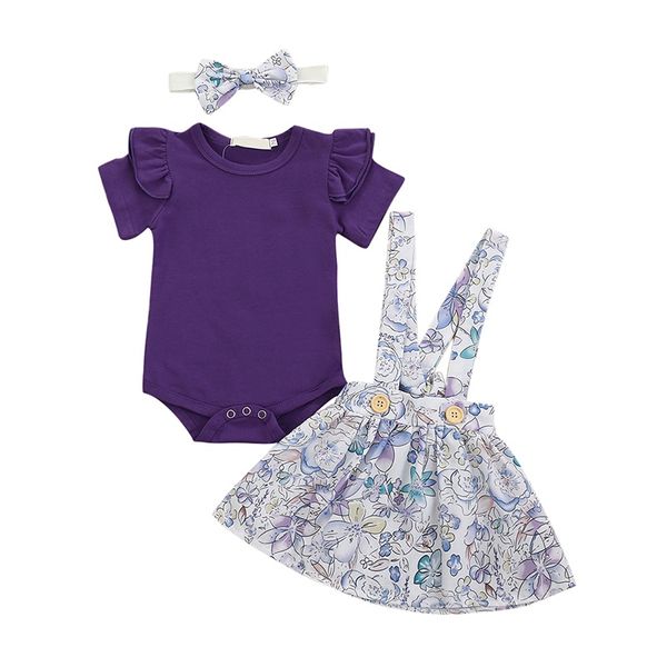 

summer newborn infant baby girls clothing set flying sleeve romper +printed suspender skirt + headband clothes outfits, White