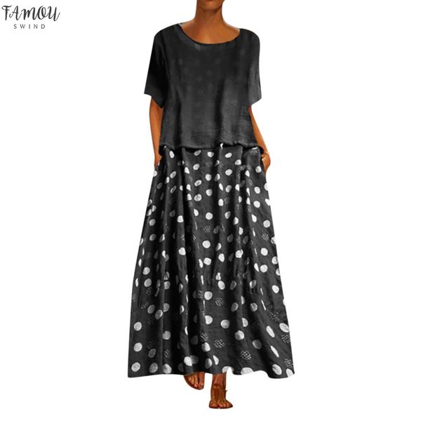 

2020 женщины урожай dot печати лоскутное o-образным вырезом две пьесы сыпучие макси платье бесплатная доставка d4, Black;gray